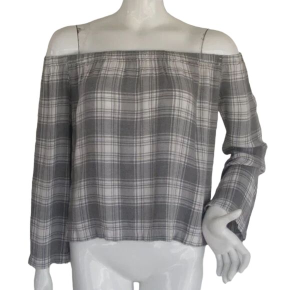 CLOTH & STONE Top, S, Off the shoulder, Gray Plaid, Vented, Rayon - Picture 1 of 13